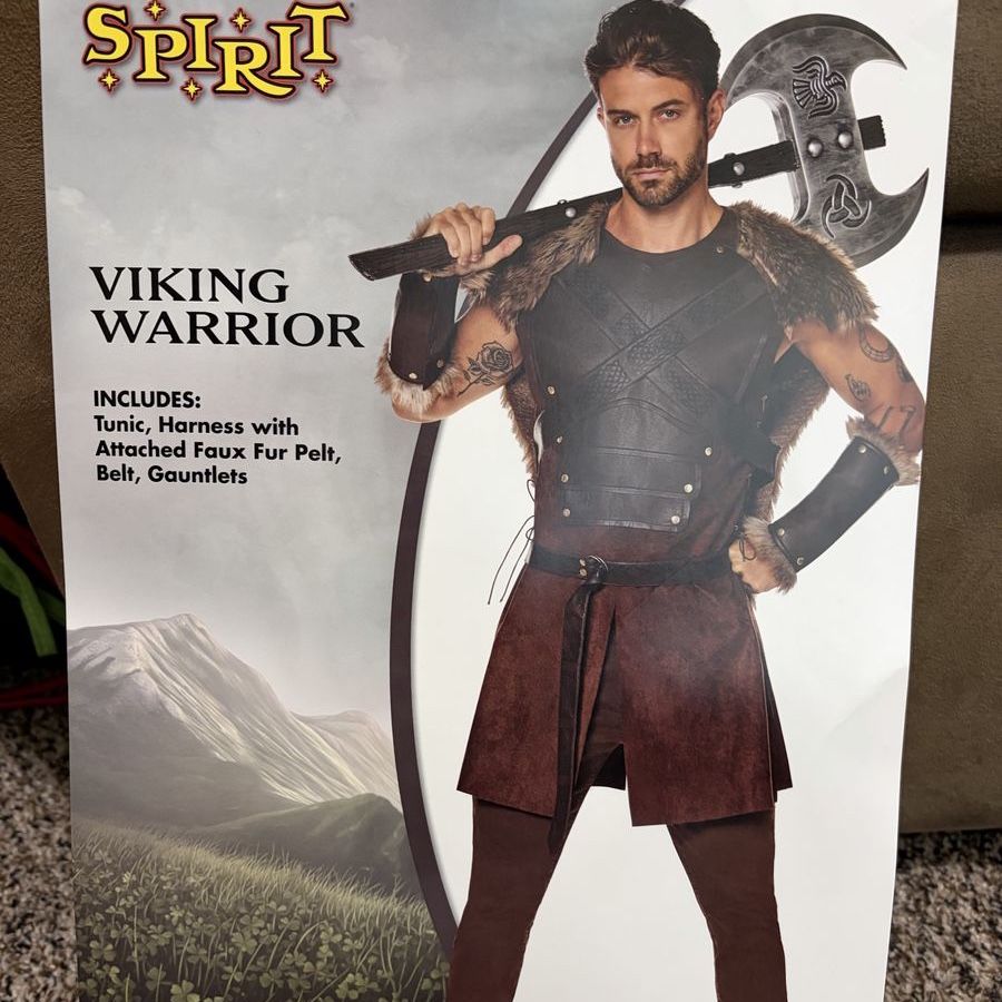 Viking Warrior Costume Adult Large - Tunic, Harness with Faux Fur, Belt & Gauntlets