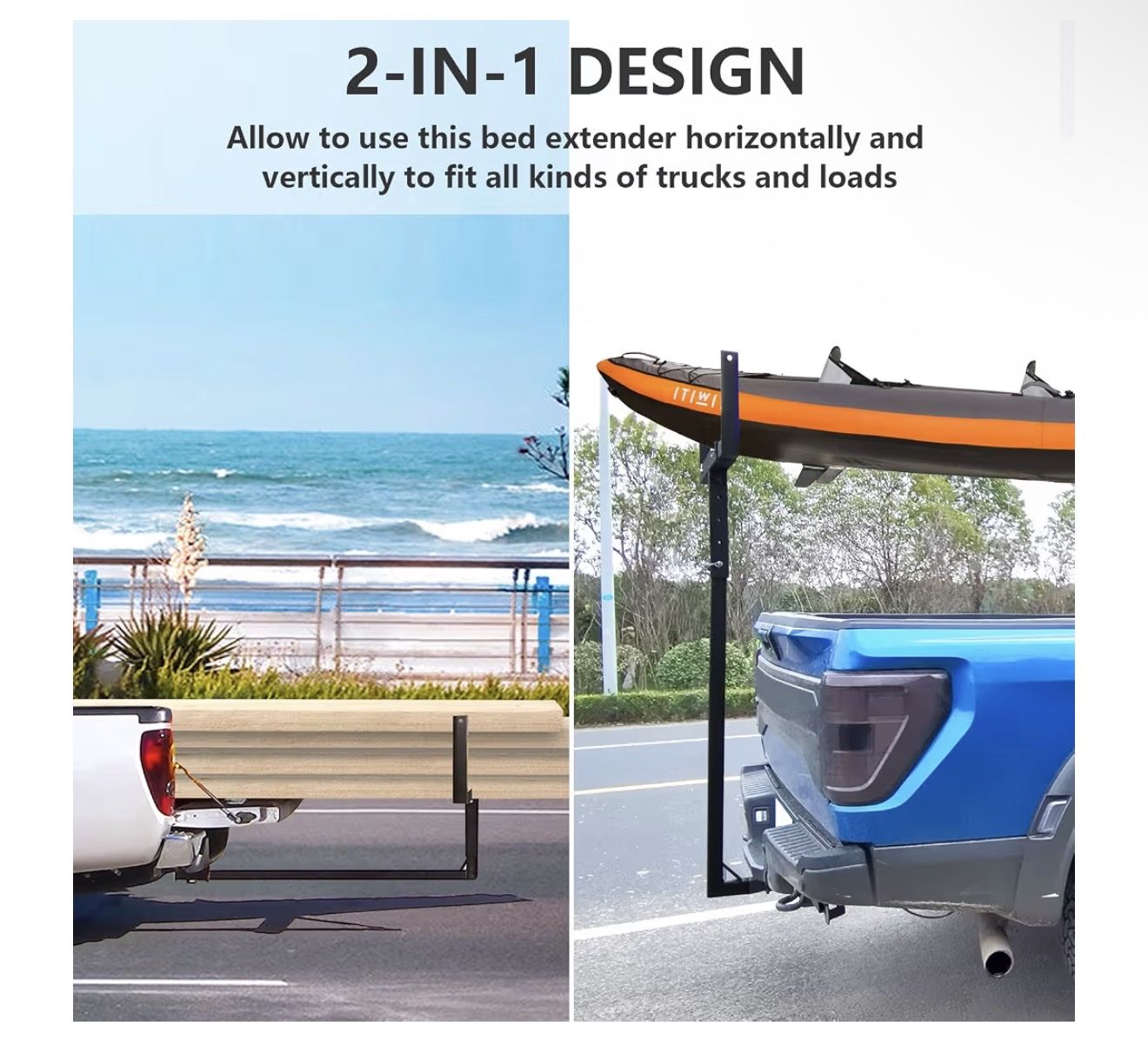 2-in-1 Truck Bed Extender Kayak/Canoe Hitch Mount Load Support Heavy Duty Steel