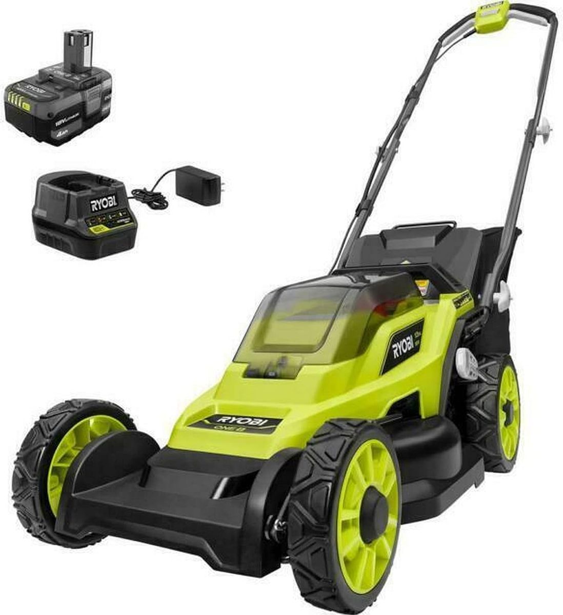 New (in box): RYOBI 13 in. ONE+ 18 Volt Cordless Battery Walk Behind Push Lawn Mower
