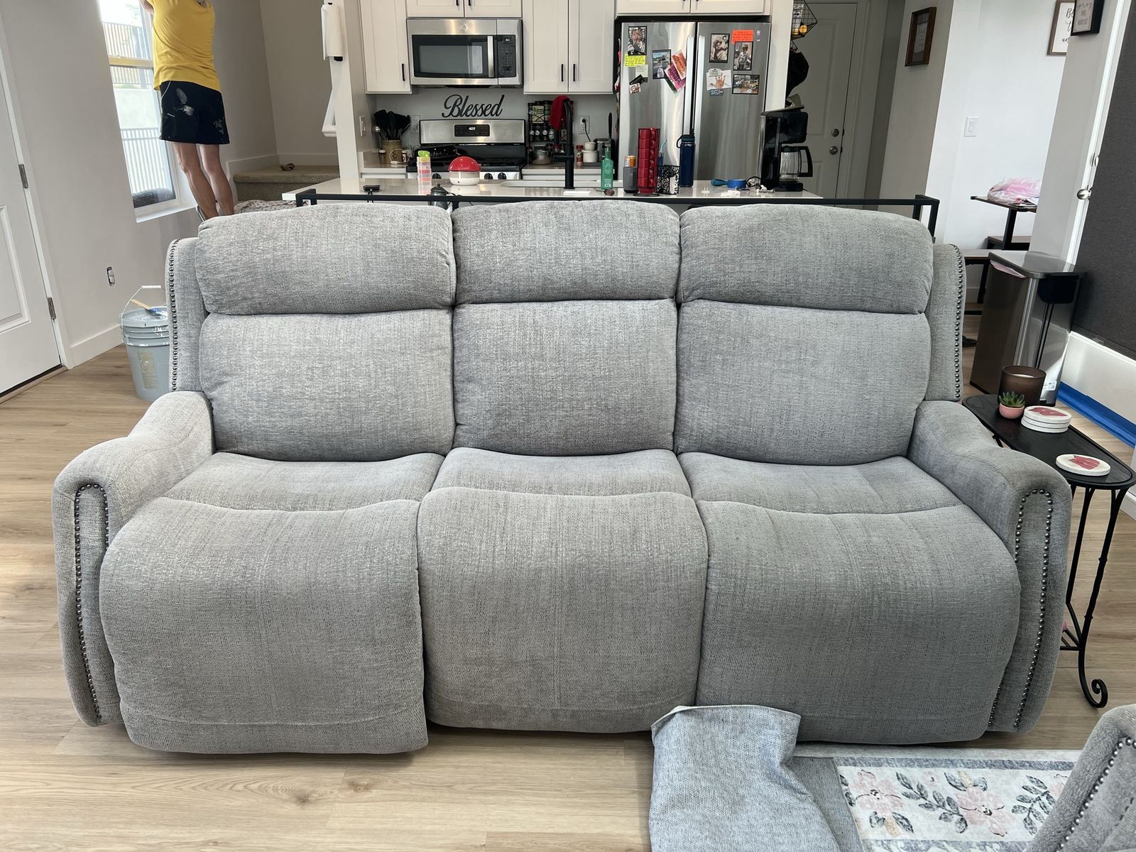 Light Gray Reclining (power) Sofa and Matching Recliner Chair - Used, no rips or tears