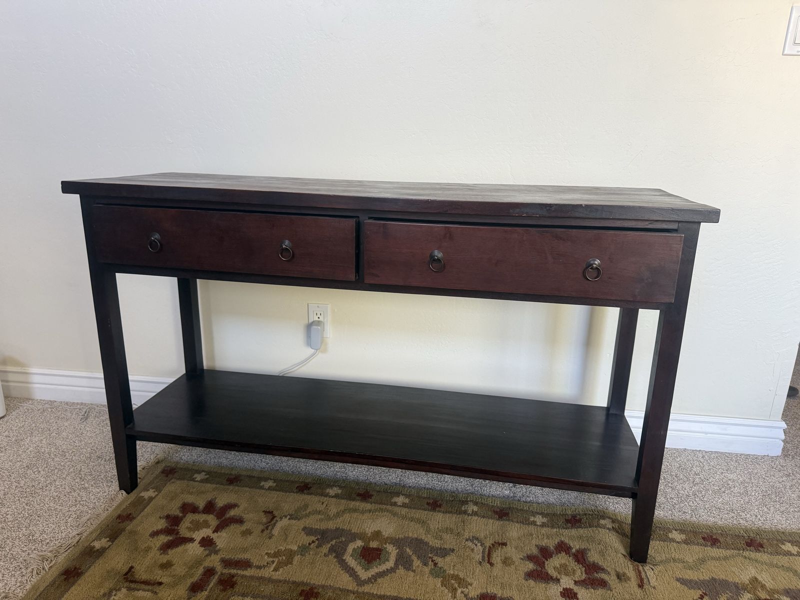 Dark Wood Console Table with Two Drawers and Lower Shelf