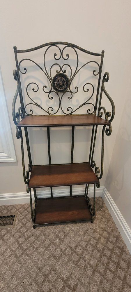 Ornate Wrought Iron Bakers Rack with Wood Shelves - Rustic & Decorative Storage