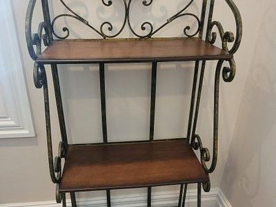Ornate Wrought Iron Bakers Rack with Wood Shelves - Rustic & Decorative Storage