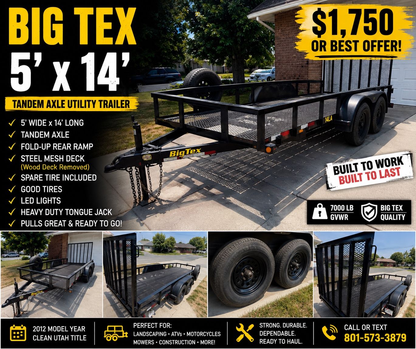 Big Tex 5'x14' Tandem Axle Utility Trailer with Fold-Up Ramp & LED Lights - 7000lb GVWR