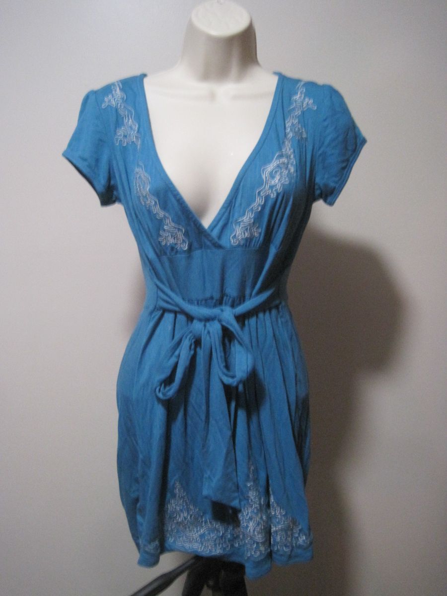 Deco Women's Large Blue V-Neck Tunic White Embroidered Tie Waist Short Dress