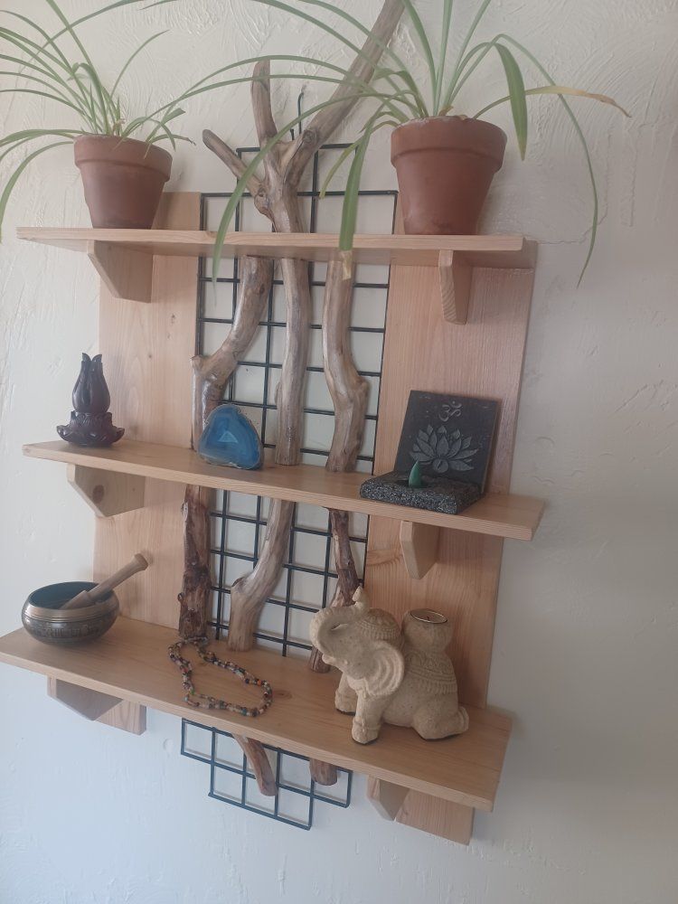 Handmade Wooden Wall Shelf with Driftwood & Metal Grid - Unique Display Unit