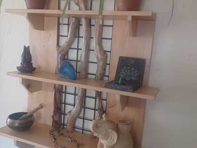 Handmade Wooden Wall Shelf with Driftwood & Metal Grid - Unique Display Unit