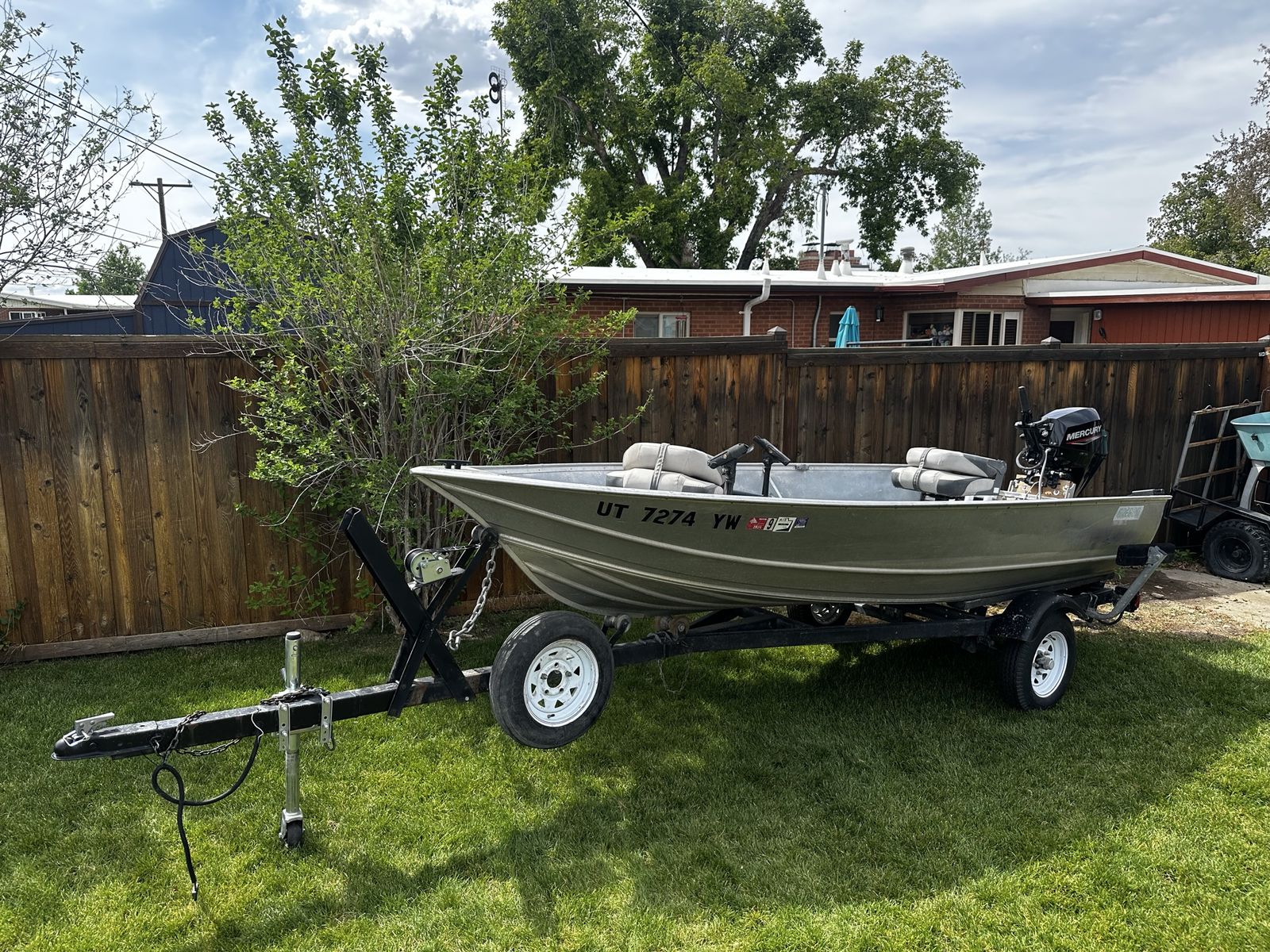 Aluminum Fishing Boat with Mercury Outboard Motor and Trailer