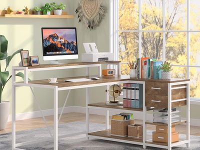 L Shaped Desk with Drawers and Monitor Stand Oak & White
