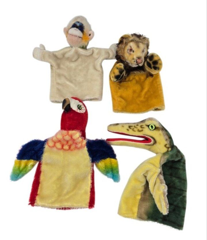 Vintage Steiff Mohair Four Hand Puppet Bundle Alligator Parrot Monkey Lion
