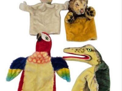 Vintage Steiff Mohair Four Hand Puppet Bundle Alligator Parrot Monkey Lion