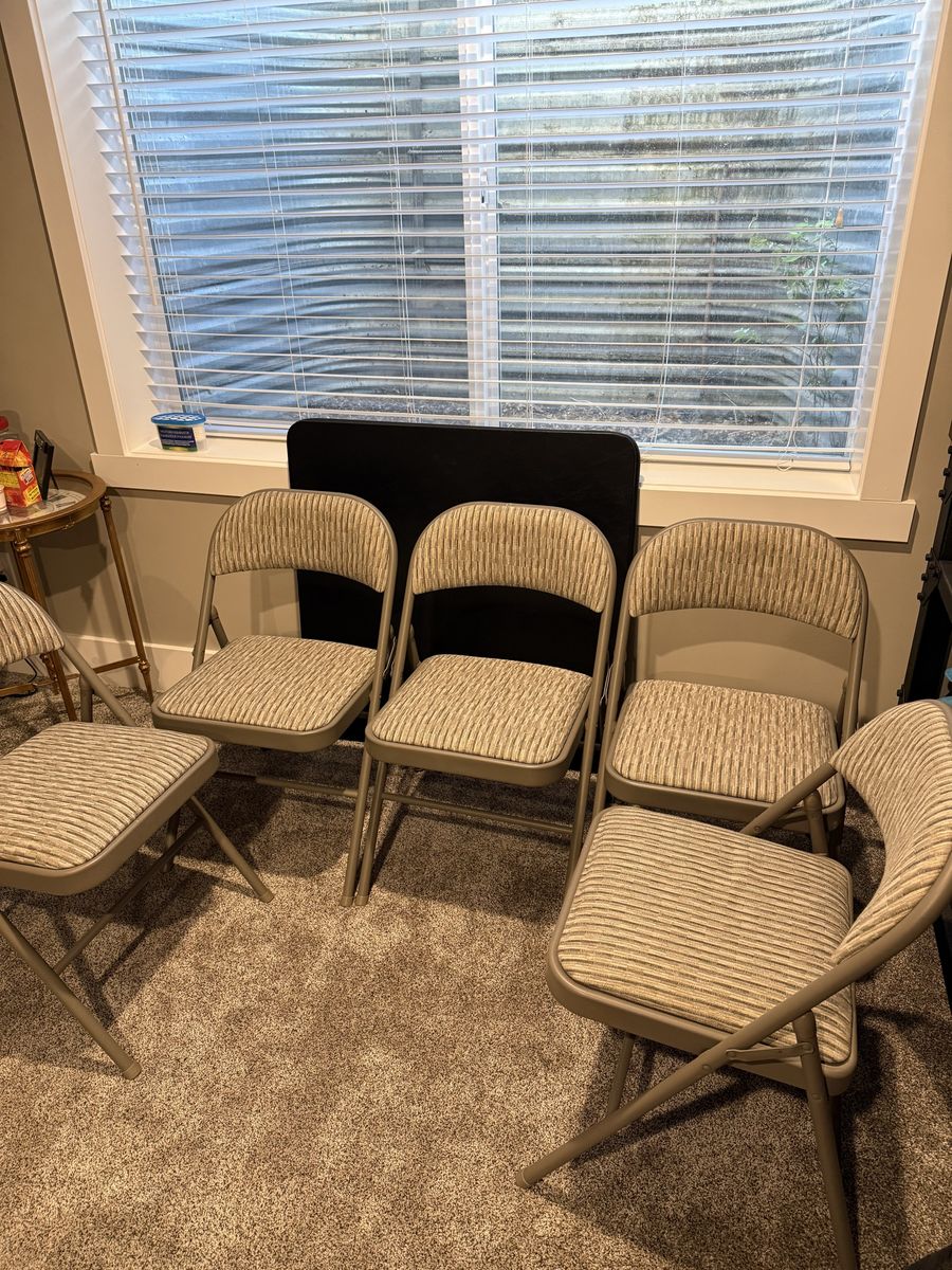 Folding Chairs Set of 5 - Tan Fabric Upholstered Padded Seats & Backs - Portable & Durable