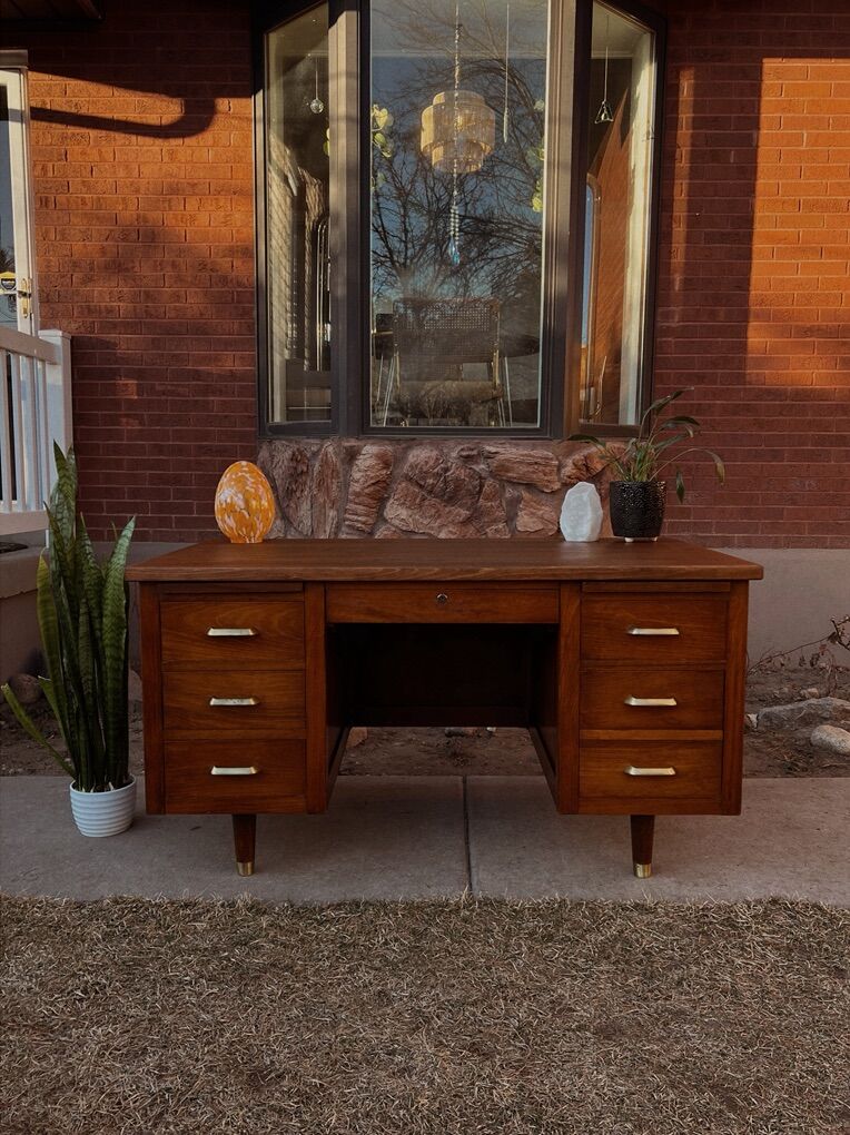 1960s MCM Walnut Jasper Executives Desk Vintage