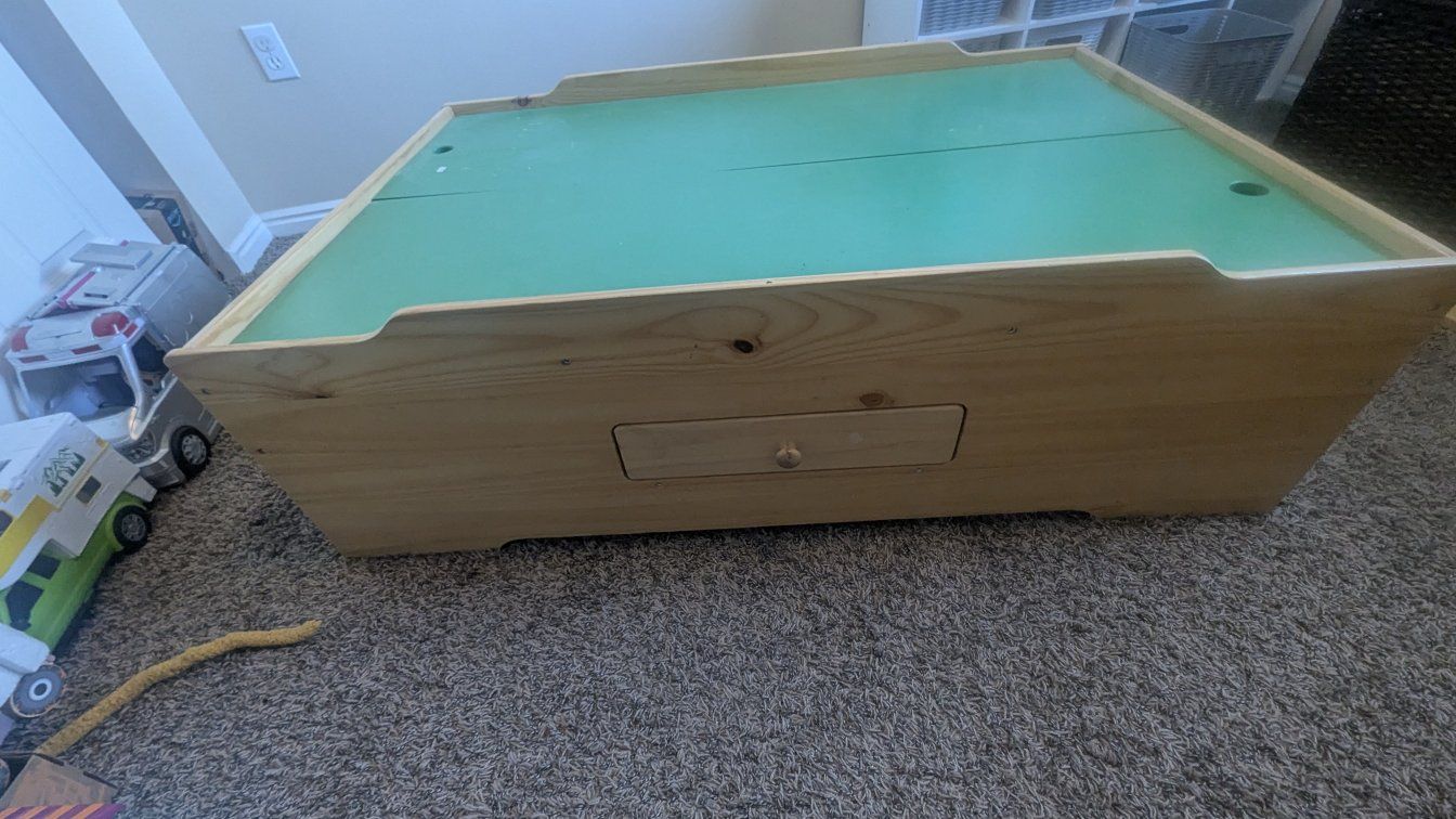 Wooden Play Table with Storage Drawer - Green Top, Natural Wood Frame, Ideal for Kids Activities