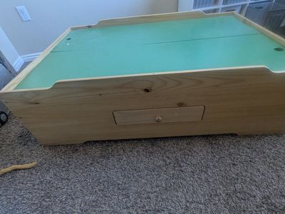 Wooden Play Table with Storage Drawer - Green Top, Natural Wood Frame, Ideal for Kids Activities