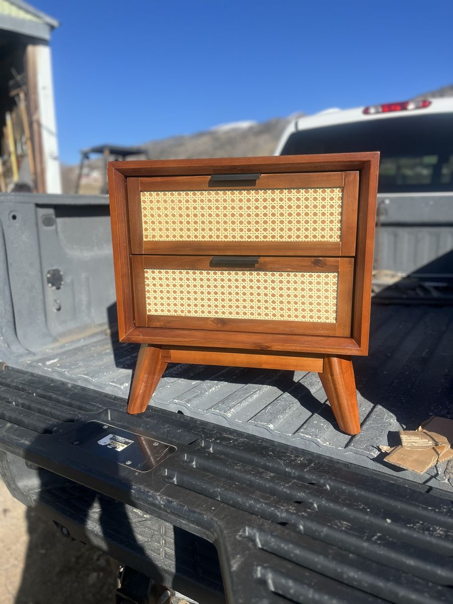 Mid-Century Modern Nightstand/End Table - Rattan Cane Drawers, Solid Wood, Tapered Legs
