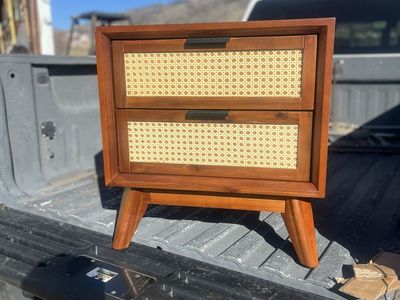 Mid-Century Modern Nightstand/End Table - Rattan Cane Drawers, Solid Wood, Tapered Legs