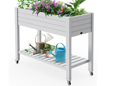 New 33.7" Tall Raised Garden Bed with Wheels & Shelf, Divisible Resin Planter Box
