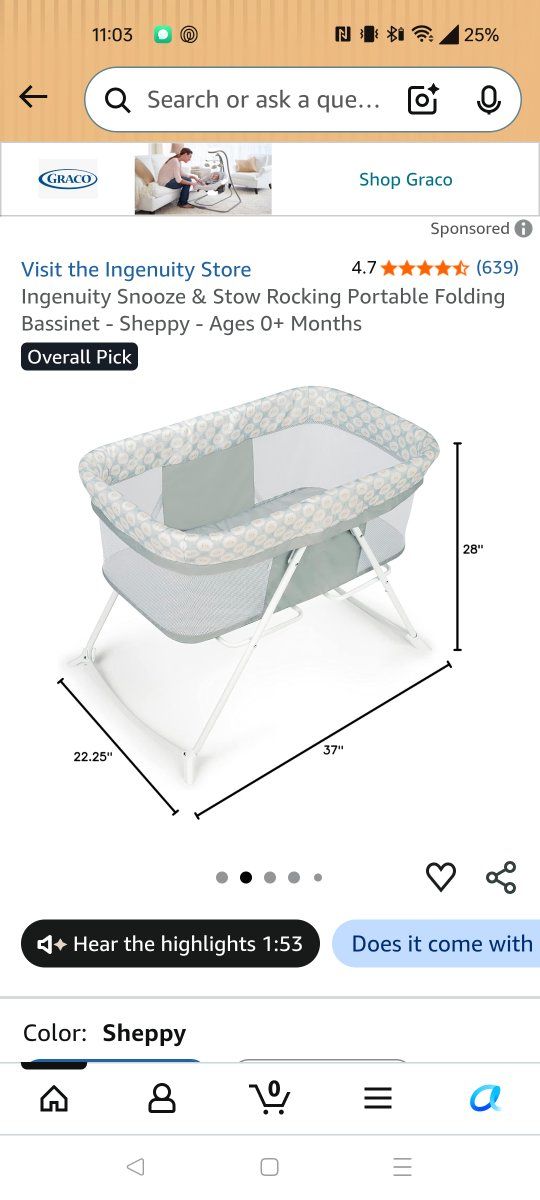 Graco Ingenuity Snooze & Stow Portable Folding Rocking Bassinet - Sheppy (Ages 0+ Months)