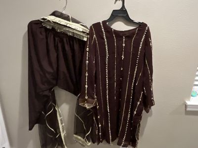 Women's Brown and white Embellished 3-Piece Salwar Kameez Suit with Dupatta