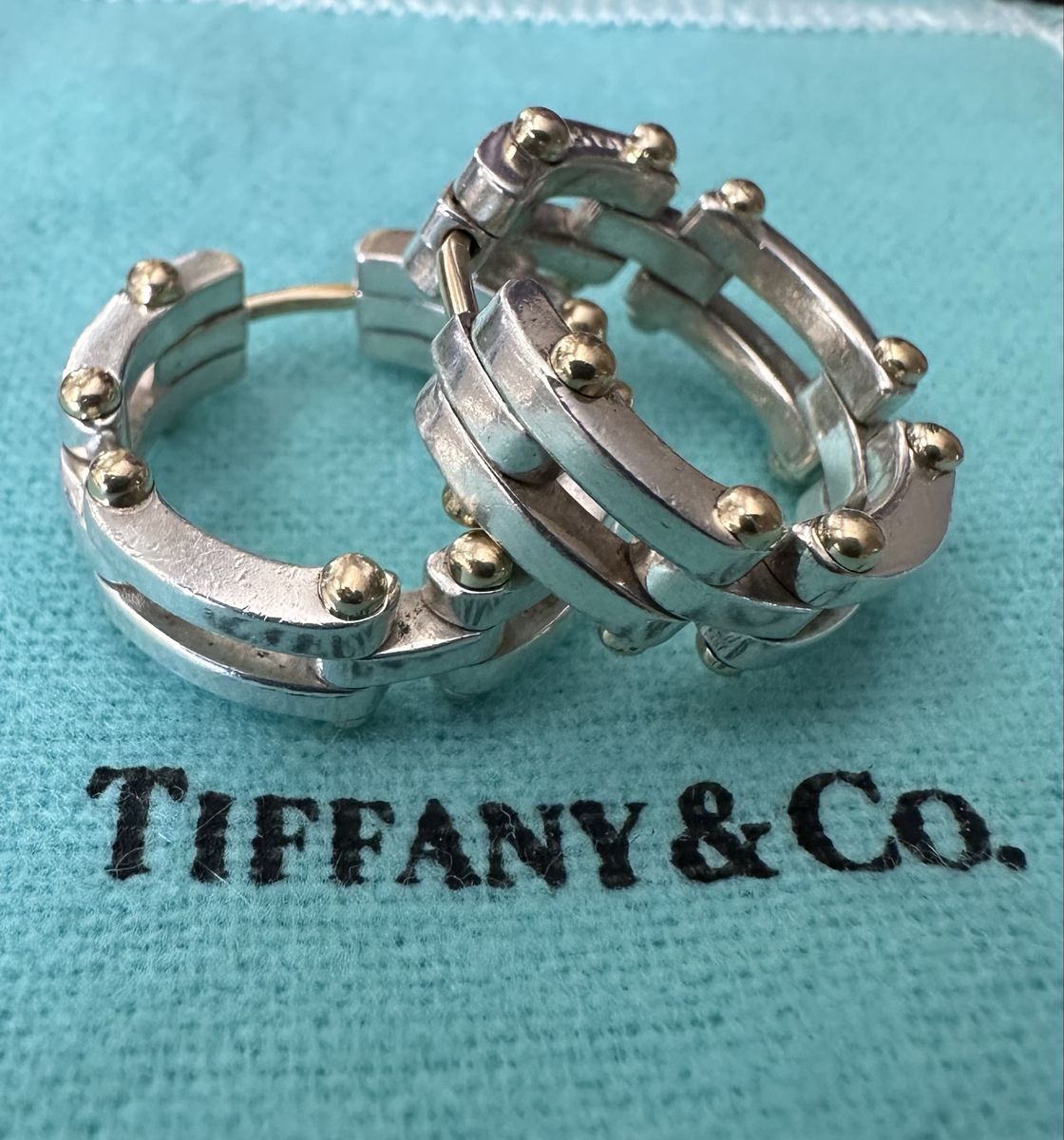 Tiffany & Co. Sterling Silver 18K Gold Gayelink Interlocking Hoop Earrings Unique Design