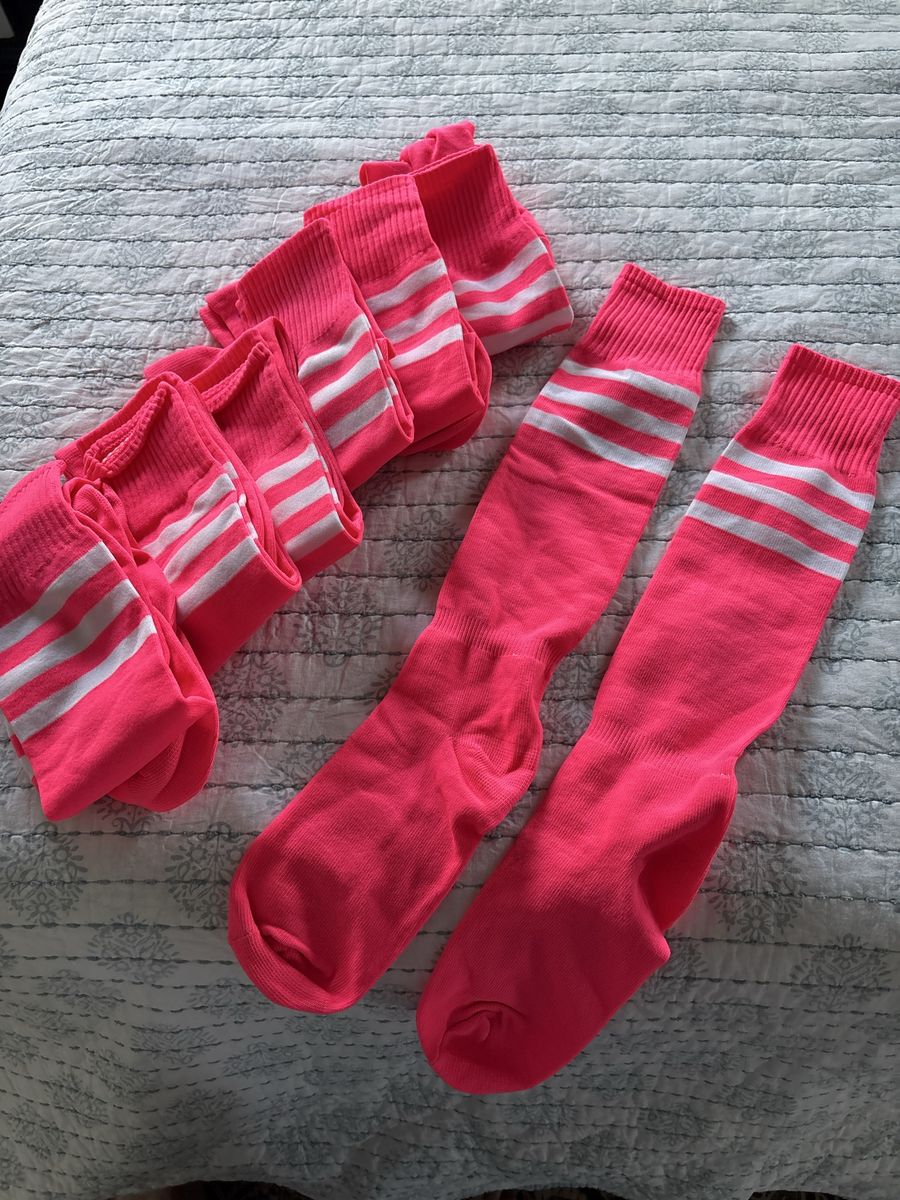 Neon Pink & White Stripe Crew Soccer Socks - 7 Pairs, Athletic Style