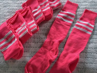 Neon Pink & White Stripe Crew Soccer Socks - 7 Pairs, Athletic Style
