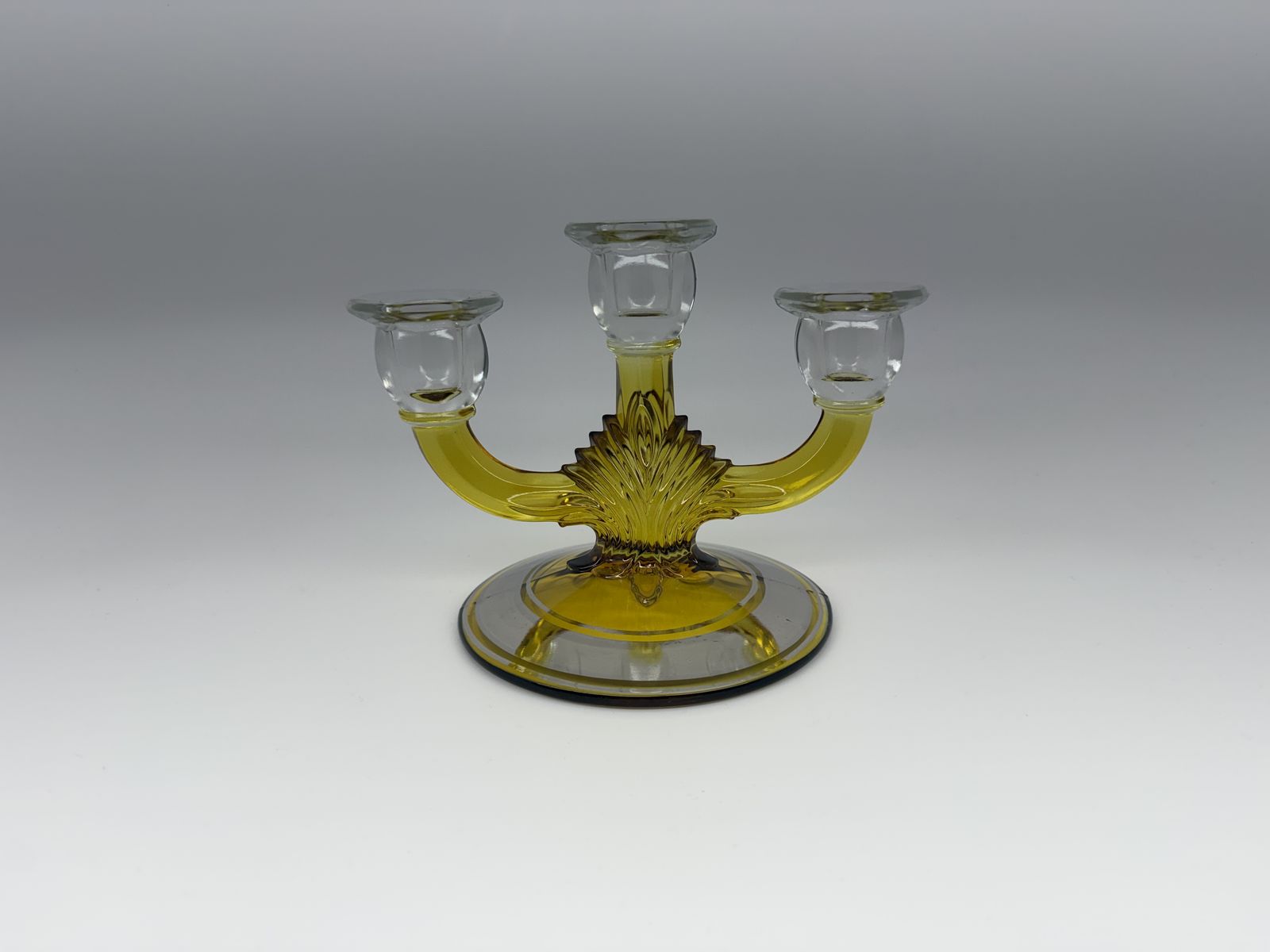 Vintage yellow Glass 3 Arm Candelabra Mid Centruy