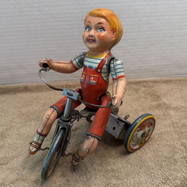 Vintage Unique Art Kiddy Cyclist Tin Wind-Up Toy - Boy on Tricycle, New York MFG