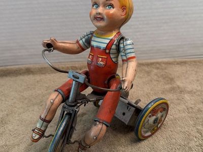 Vintage Unique Art Kiddy Cyclist Tin Wind-Up Toy - Boy on Tricycle, New York MFG