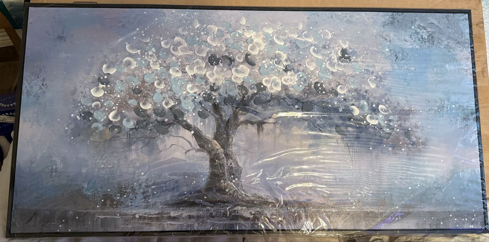 Large Framed Abstract Tree Canvas Wall Art - Blue and Silver Textured Painting