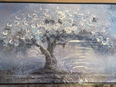 Large Framed Abstract Tree Canvas Wall Art - Blue and Silver Textured Painting