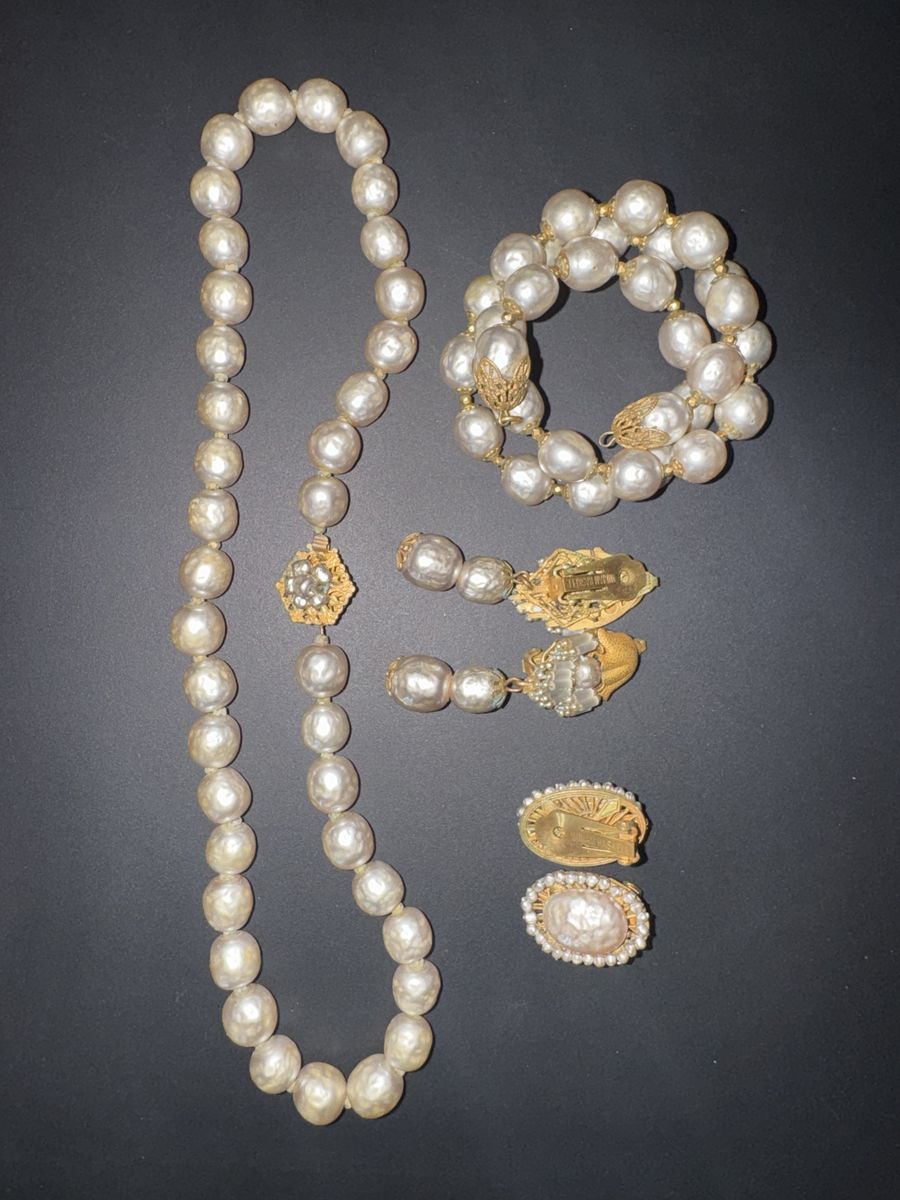 Miriam Haskell Vintage Pearl Jewelry Set - Necklace, Bracelet, Earrings