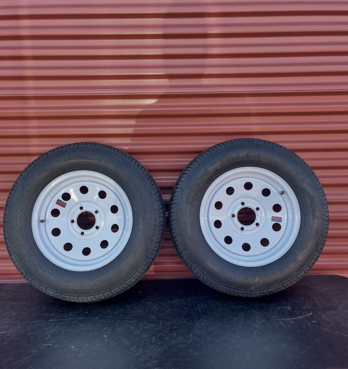 Set of 2 Free Country ST 205/75 D 15 Trailer Tires Mounted on New White Wheels 5 on 4.5 Brand New