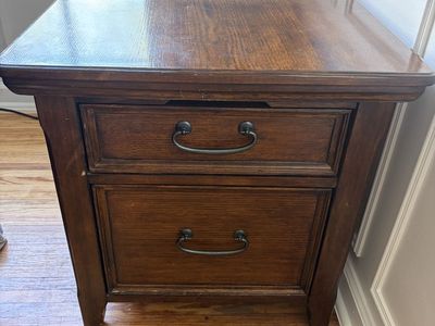 Two Wooden End Tables with Drawers and Power Strip