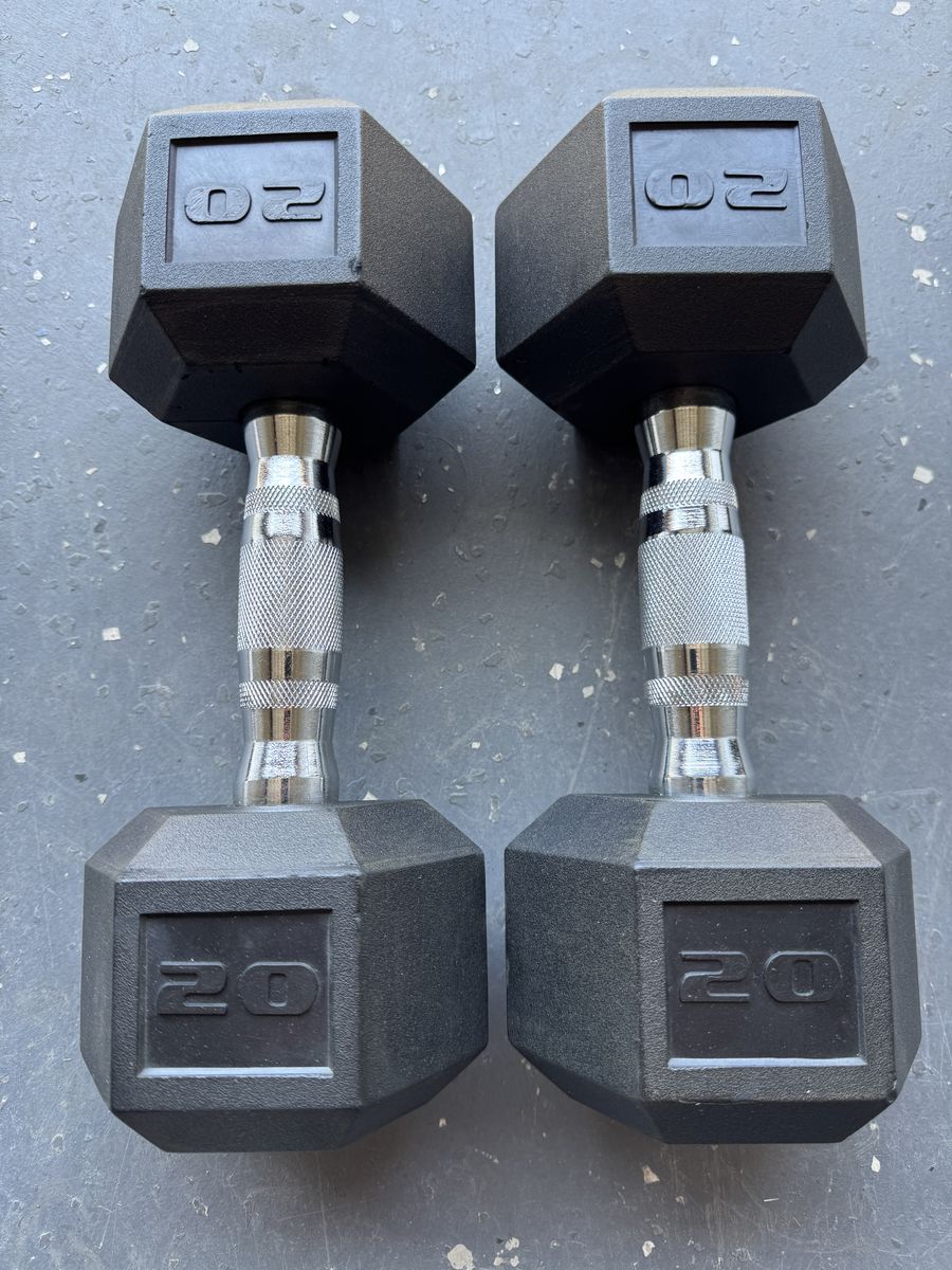 Pair of 20 lb rubber hex dumbbells with chrome-plated handles