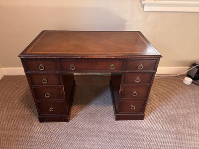 Vintage Wooden Executive Desk with Leather Top and Multiple Drawers