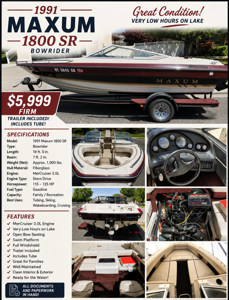 1991 Maxum 1800 SR Boat w/ Trailer – Great Condition – $5,999