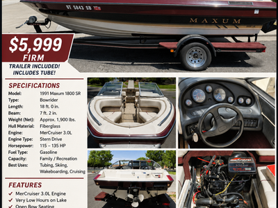 1991 Maxum 1800 SR Boat w/ Trailer – Great Condition – $5,999