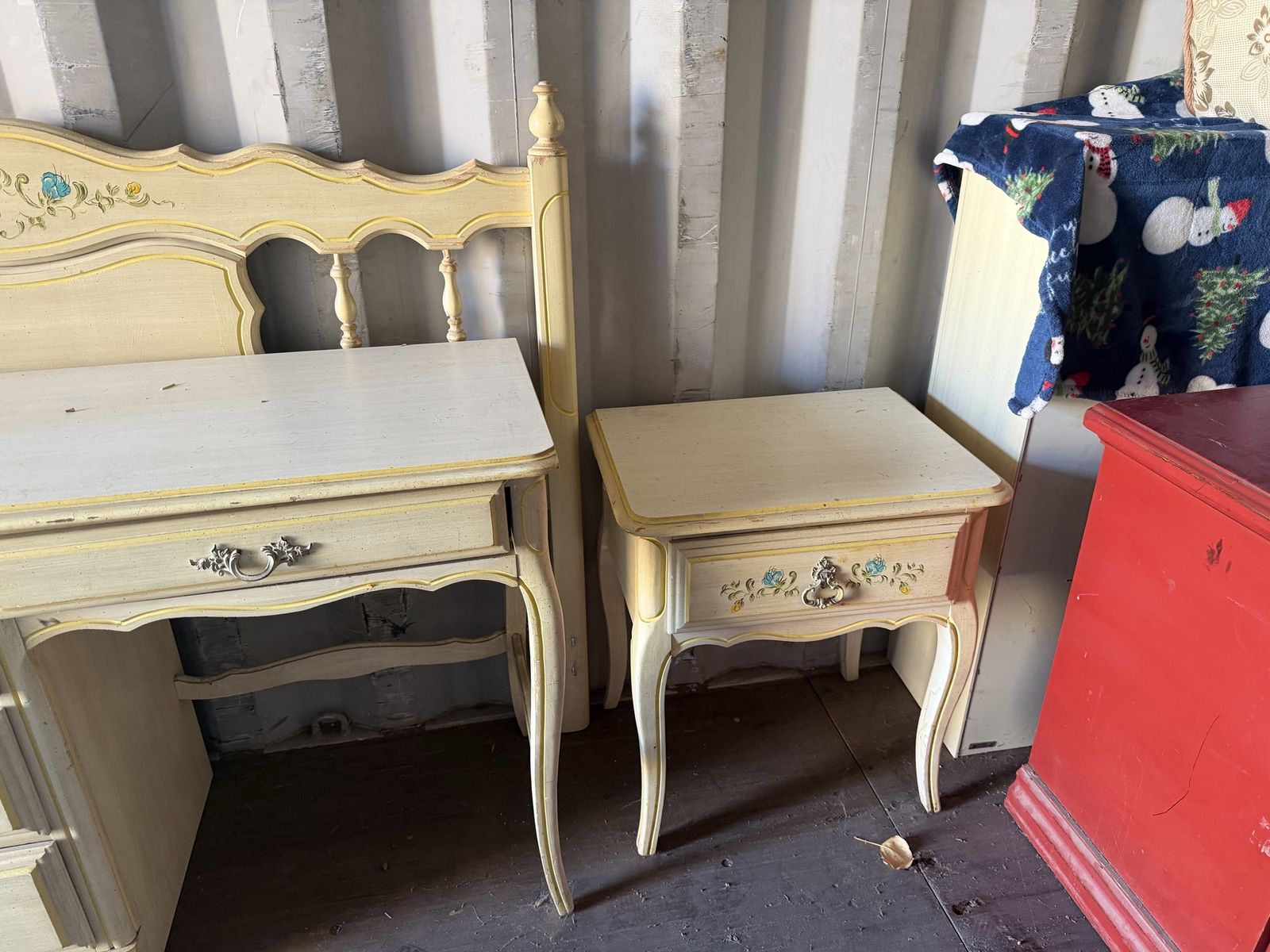Vintage Hand-Painted Yellow French Provincial Vanity, Headboard, and Nightstand Set