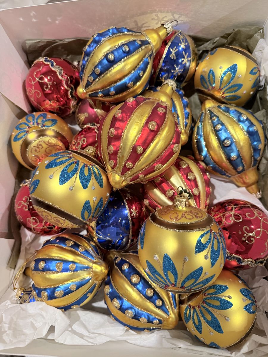 Vintage Hand Painted Blown Glass Christmas Ornaments Lot Gold Red Blue
