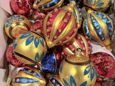 Vintage Hand Painted Blown Glass Christmas Ornaments Lot Gold Red Blue