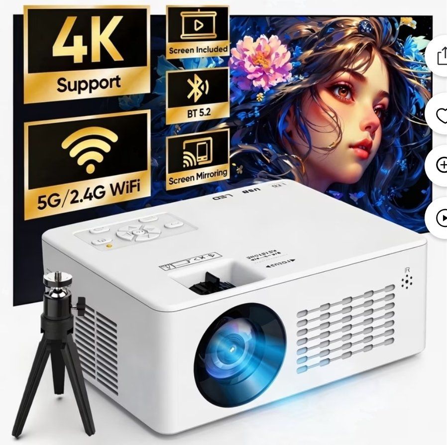 FEARWIKY 4K Supported 5G/2.4G WiFi Bluetooth 5.2 Movie Projector with Screen Included
