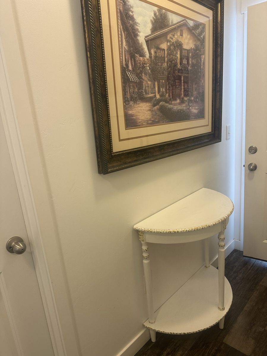 White & Gold Half-Round Console Table with Lower Shelf - Entryway Accent Furniture