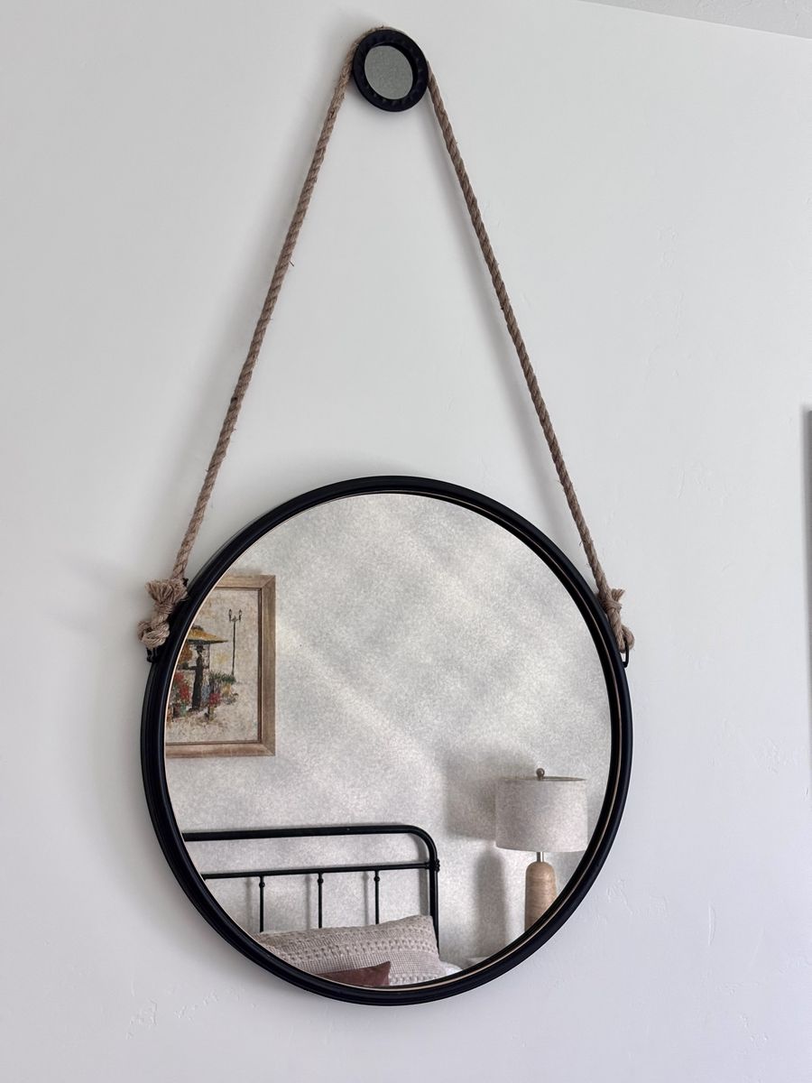 Modern Hanging Black Round Mirror with Rope 29.5”