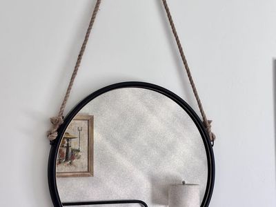 Modern Hanging Black Round Mirror with Rope 29.5”