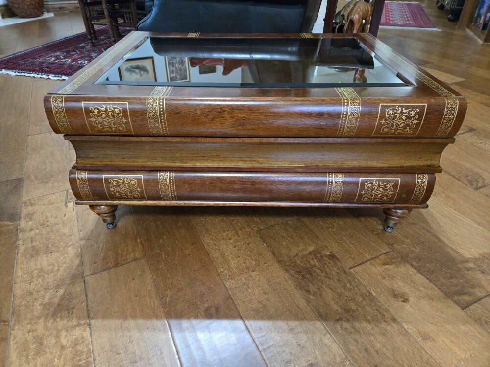 Unique Wooden Coffee Table, Stack of Books with Beveled Glass Top
