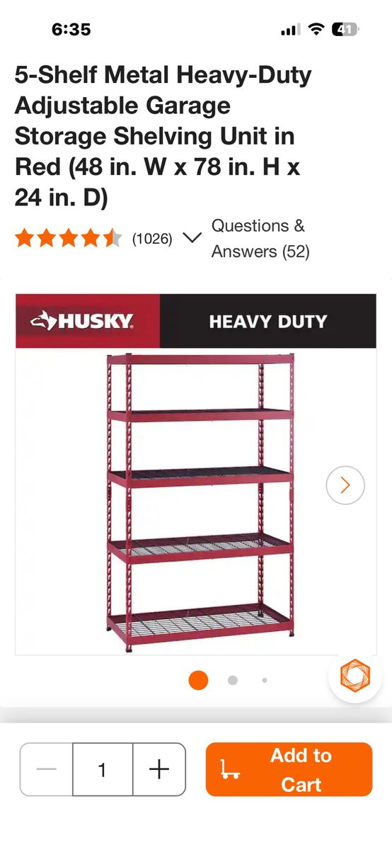 Husky 5-Shelf Heavy-Duty Adjustable Garage Storage Shelving Unit Red 48"W x 78"H x 24"D.  4 units . $100 ea or all 4 for $300