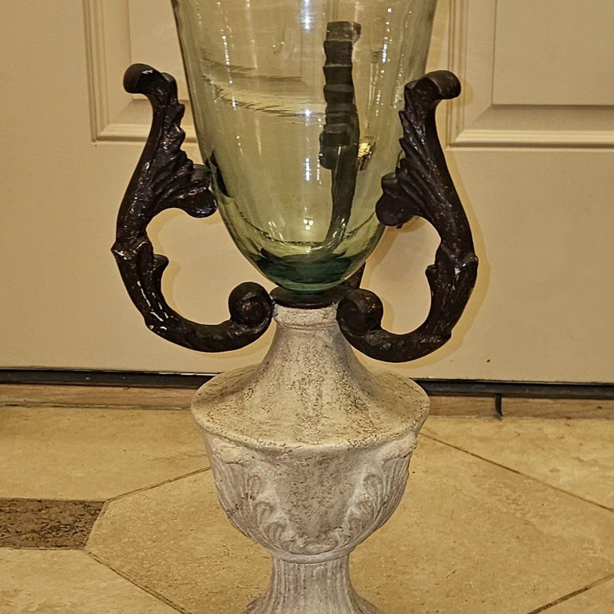 Decorative Glass Hurricane Urn with Stone Base 23"