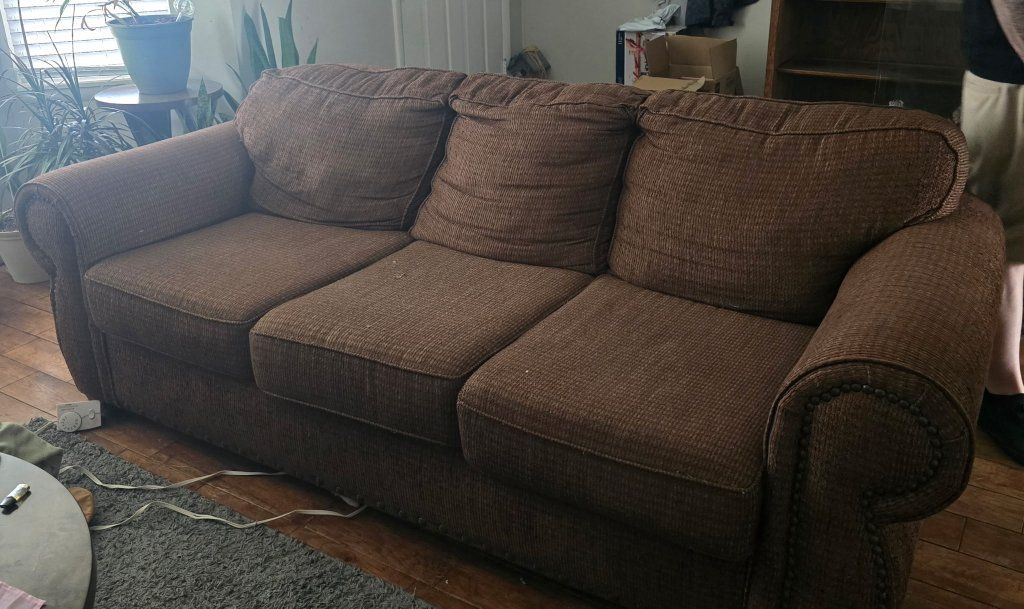OBO-Brown Upholstered Sofa Couch with Rolled Arms and Nailhead Trim - 3 Seater